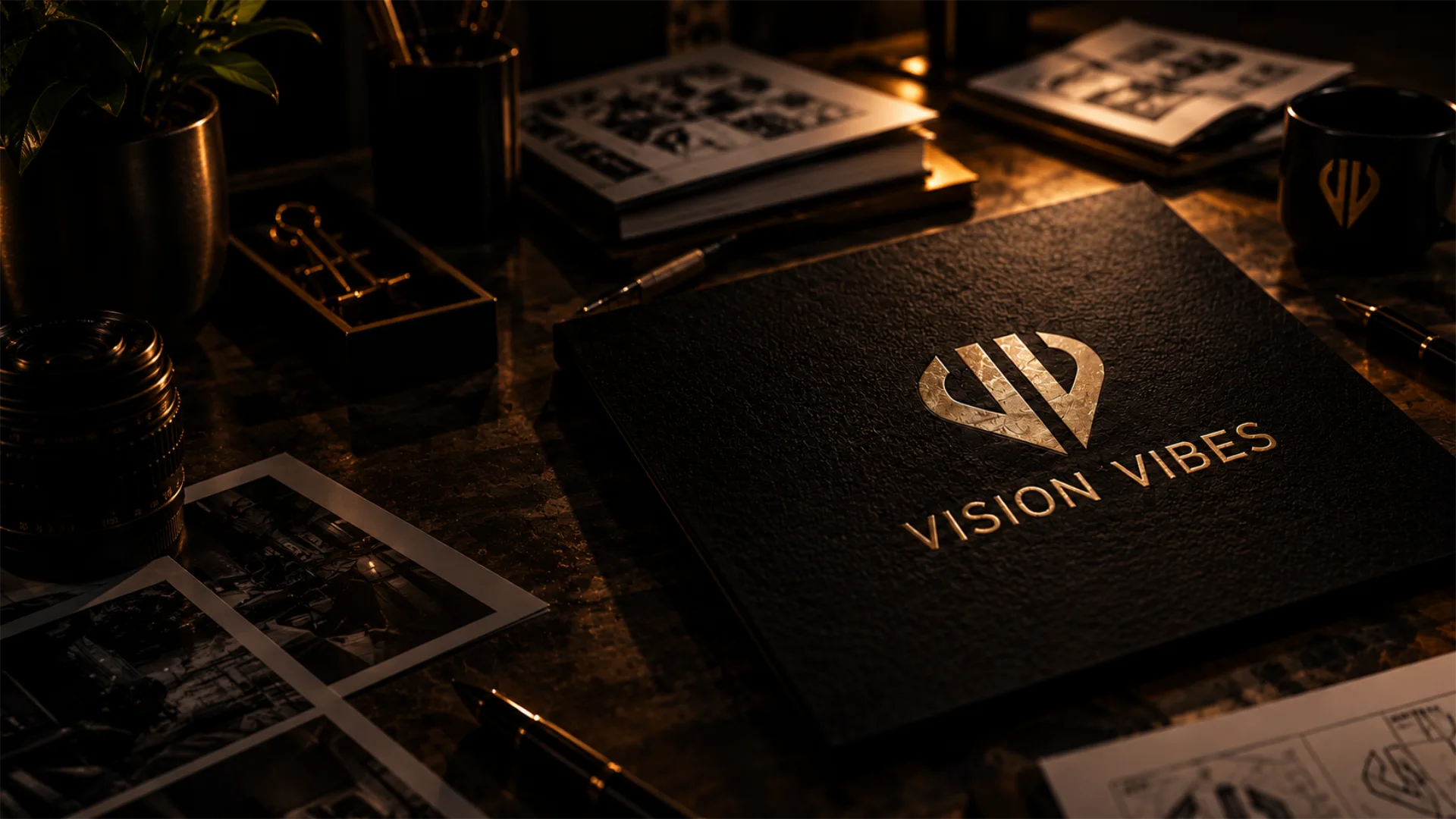 Vision Vibes Branding auf einer schwarzen Mappe